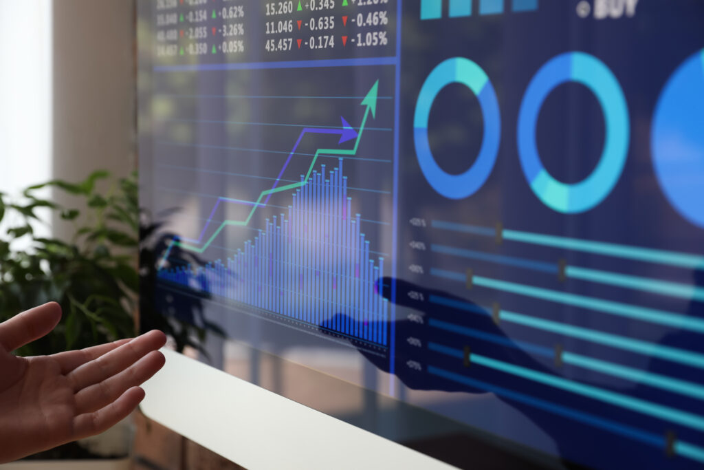 Digital analytics dashboard displaying predictive AI forecasting charts, revenue trends, and operational intelligence data for GTM strategy optimization.