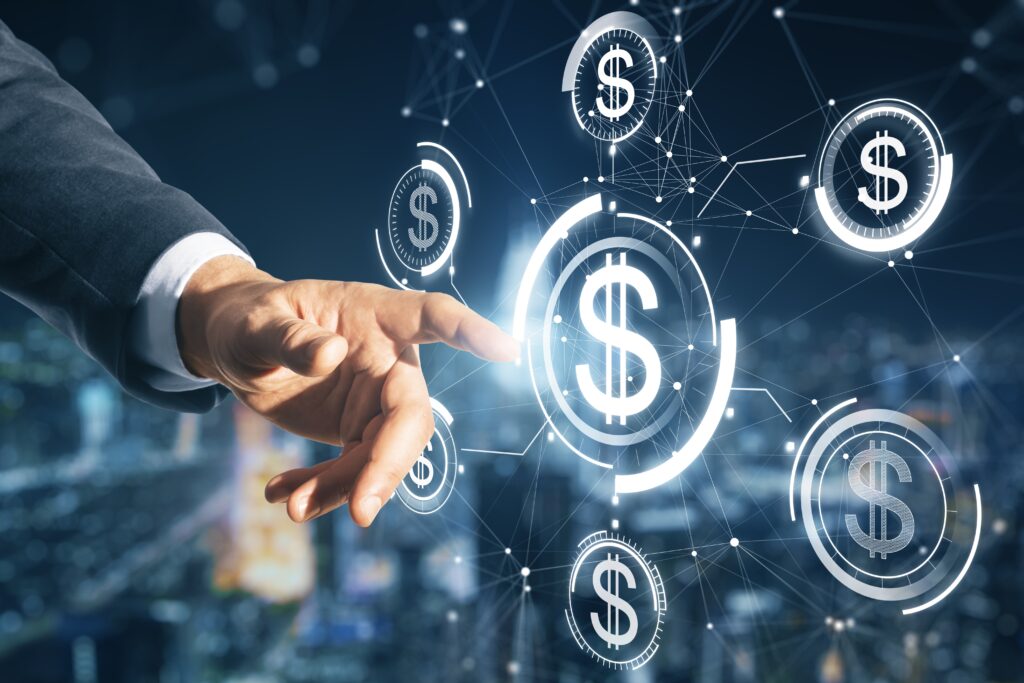 Digital revenue operations concept showing a business professional interacting with connected financial data and AI-powered forecasting systems.